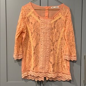 Peach Lace SeeThrough 3/4 Sleeve Blouse